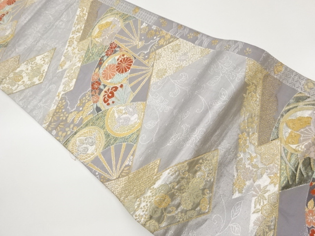 扇に向かい鳥・花々模様織出し袋帯